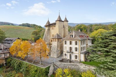 Façade du Château de Vaumarcus entouré de vignes en automne